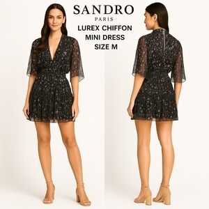 Sandro Paris Pleated Hound Print Metallic Dress 38/6